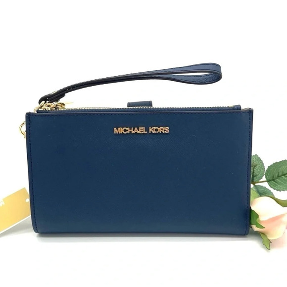 Michael Kors Large Double Zip Wallet Wristlet Navy Blue/Gold - Picture 2 of 7